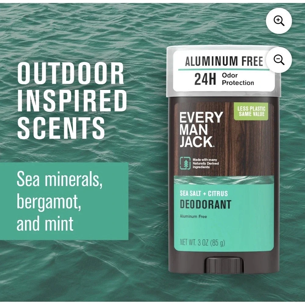 4 PACK Every Man Jack Deodorant Aluminum Free, No Parabens, Sea Salt +‎ Citrus